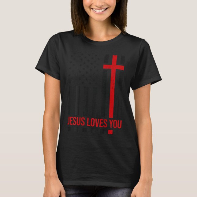Camiseta Mens American Flag Jesus Loves You Christian Faith (Frente)