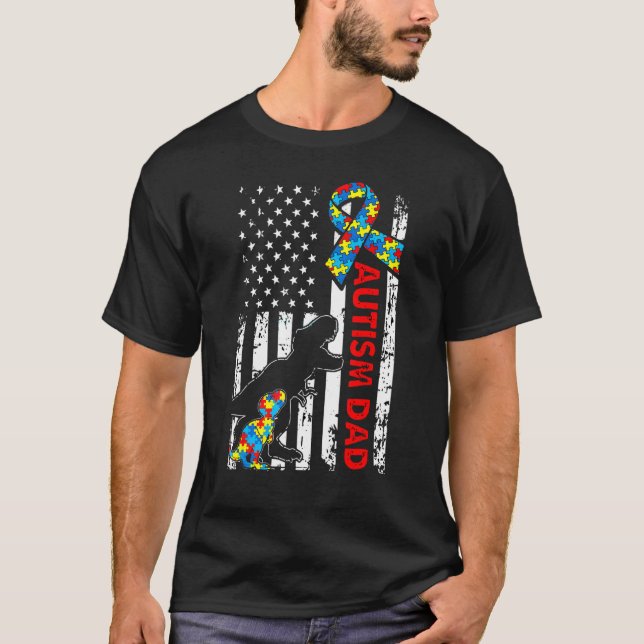 Camiseta Mens Autism Pai Americano Bandeira Dinossaur Quebr (Frente)