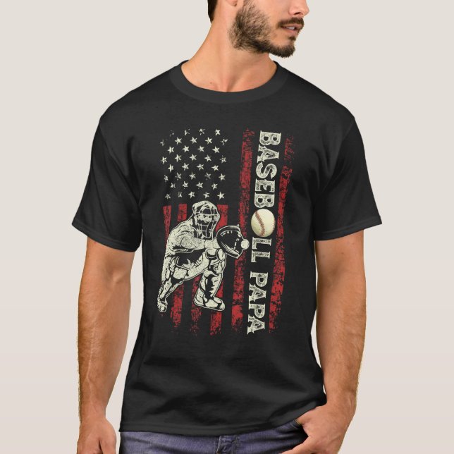 Camiseta Mens Baseball Papa Flag  Dad Baseball Catcher Fath (Frente)