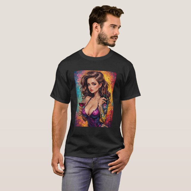 Camiseta Mens Beautiful Graphic Image of Wine & Women (Frente Completa)
