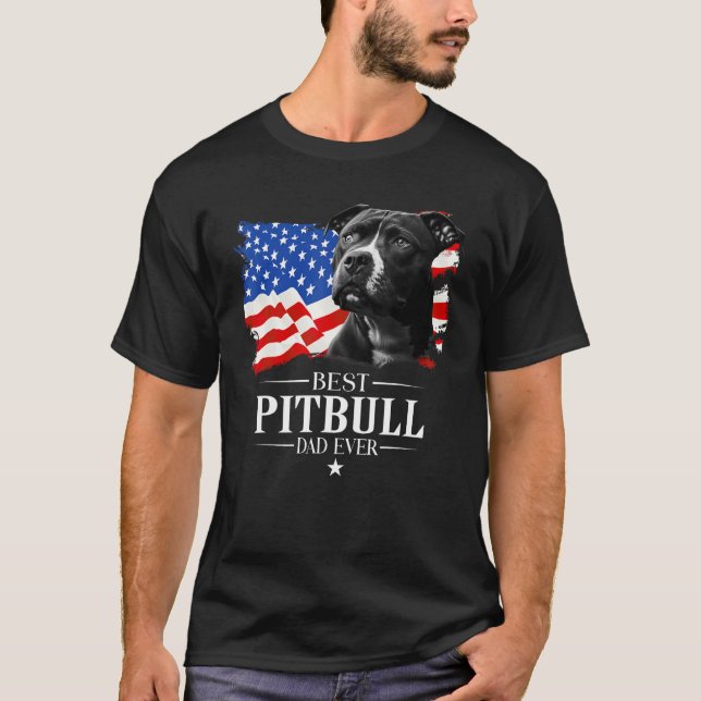 Camiseta Mens Best Pitbull Dad Ever American Flag Father s  (Frente)