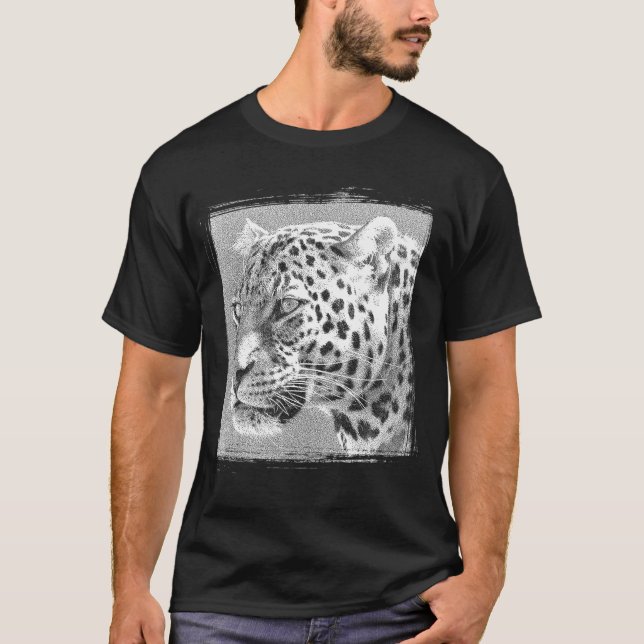 Camiseta Mens Black T Shirt Leopardo Moderno Elegante (Frente)