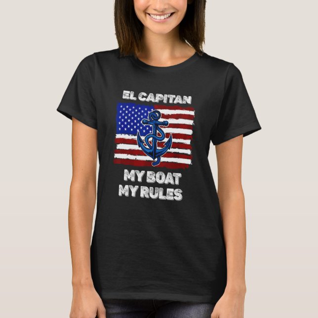 Camiseta Mens Capitan My Boat My Rules Pontoon American Fla (Frente)