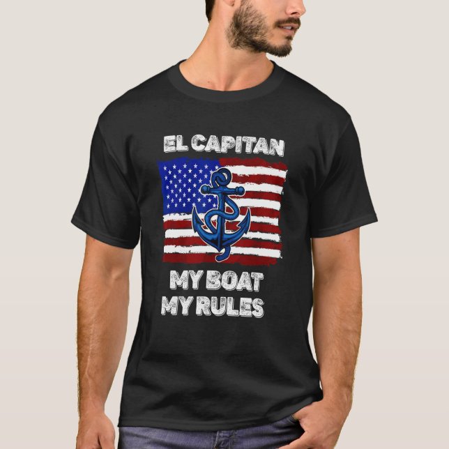 Camiseta Mens Capitan My Boat My Rules Pontoon American Fla (Frente)