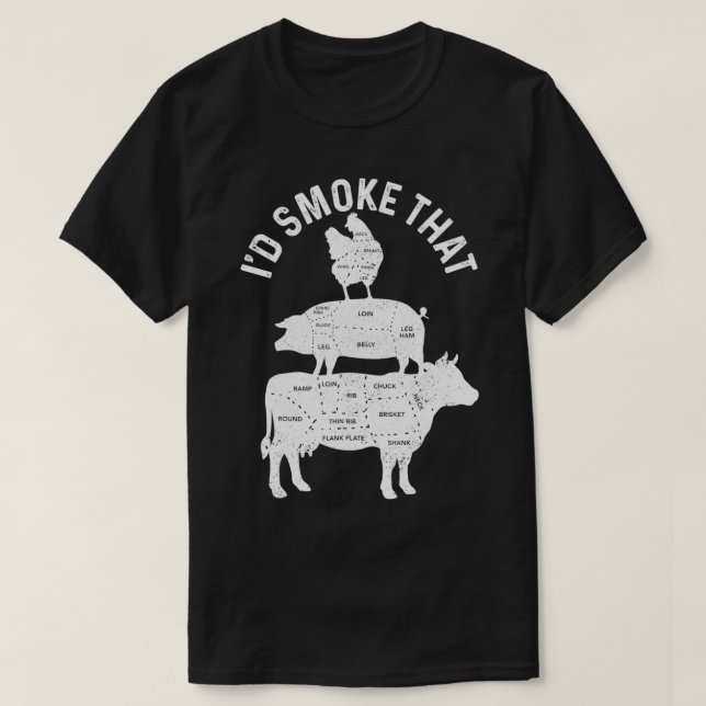 Camiseta Mens Chef Butcher BBQ I'd Smoke That Pork Beef flo (Frente do Design)