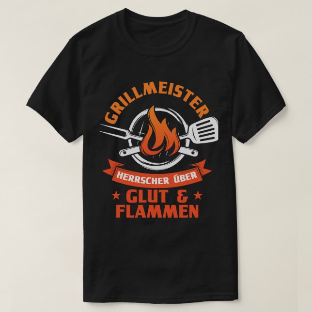 Camiseta Mens Grillmeister Ruler Sobre Chamas Brilhantes (Frente do Design)