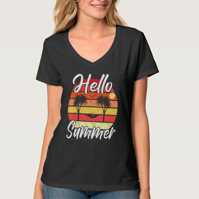 Camiseta Mens Hello Summer - Palmeiras Hammock Retro Sunse (Frente)