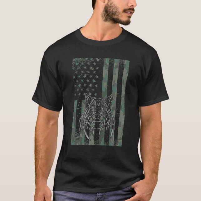 Camiseta Mens Hog Caça Camuflagem Americana USA Flag Boar (Frente)