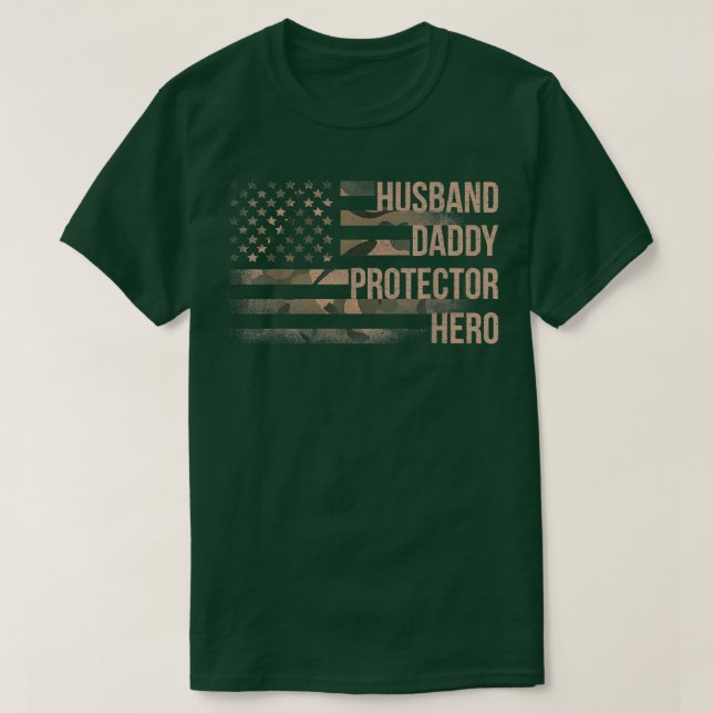 Camiseta Mens Husband Daddy Protector Hero American Flag Fa (Frente do Design)