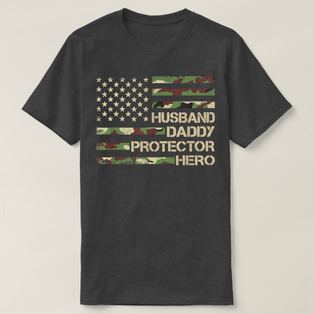 Camiseta Mens Husband Daddy Protector Hero  Fathers Day Fla (Frente do Design)
