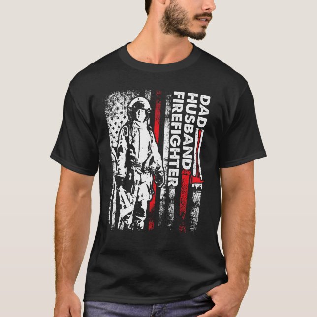 Camiseta Mens Husband Pai Fireman Flag Bombeiro Padre (Frente)