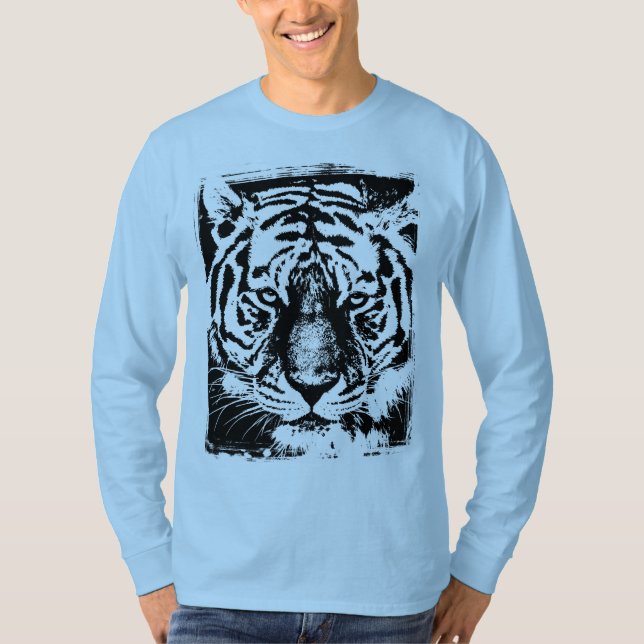 Camiseta Mens Leve Longa Moderna Tigre Face Azul Claro (Frente)