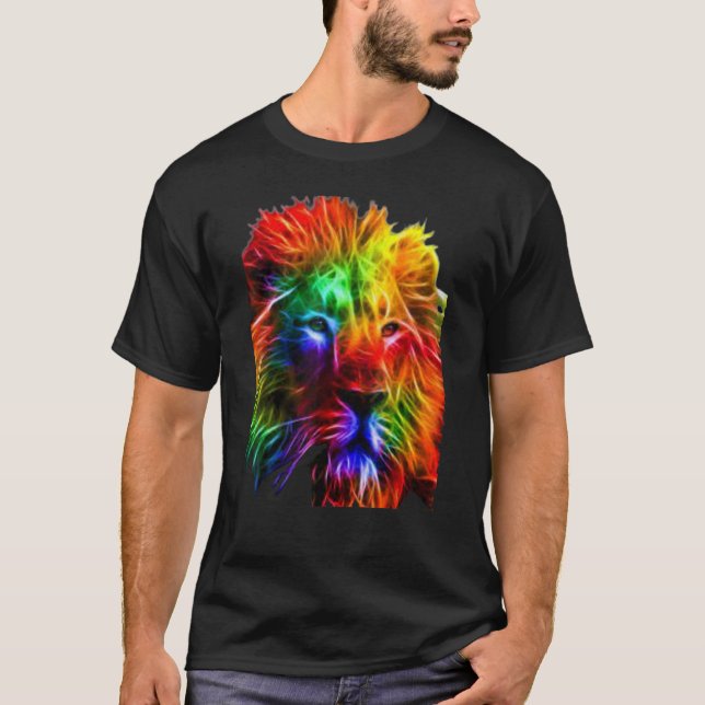 Camiseta Mens Lion Prestigioso Olhar Com Cores Brilhantes (Frente)