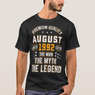 Camiseta Mens Man Myth Legend agosto de 1992 aniversário de
