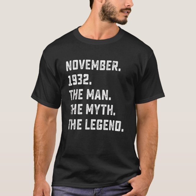 Camiseta Mens Man Myth Legend novembro de 1932 90 Aniversár (Frente)