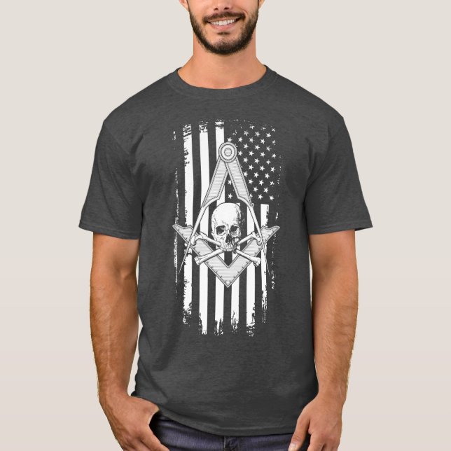 Camiseta Mens Master Mason American Flag Masonic Skull (Frente)
