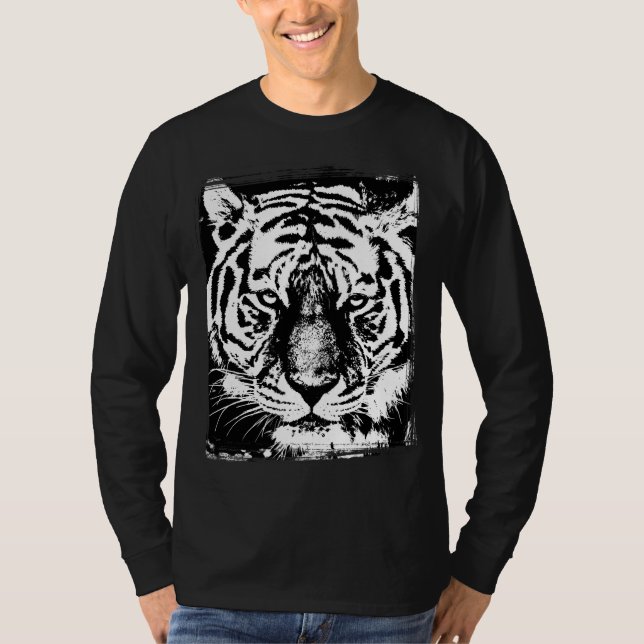 Camiseta Mens Modernos Tendência Longa de Folha Tigre Preto (Frente)