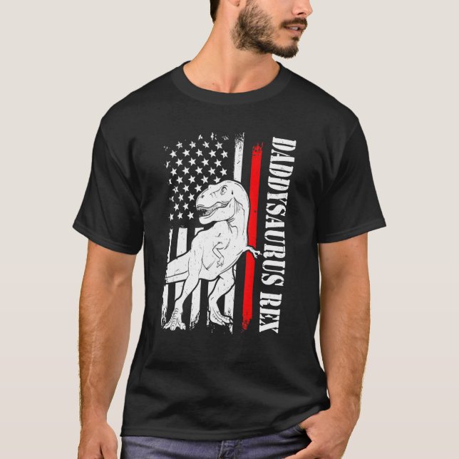 Camiseta Mens Pai Saurus Rex Daddysaurus American Flag Fa (Frente)