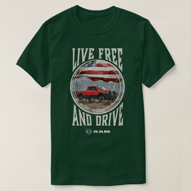 Camiseta Mens Ram Trucks vivem livres e dirigem (Frente do Design)