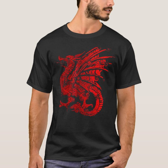 Camiseta Mens Red Fierce Dragon Com Asas E Manda (Frente)