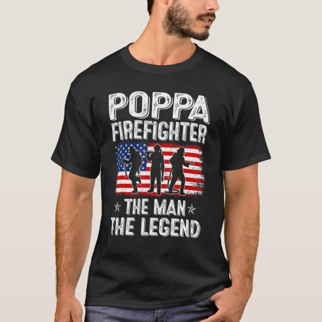 Camiseta Mens Retro Us Flag Dia de os pais Poppa Firefighte (Frente)