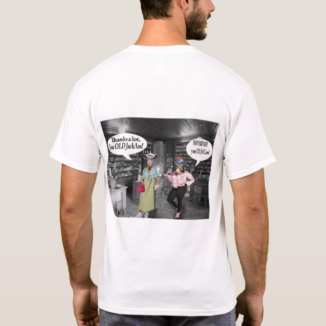 Camiseta mens tee. feliz aniversário vaca e idiota (Verso)