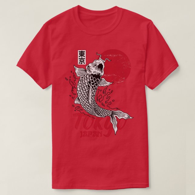 Camiseta Mens Tokyo Japan Design com Koi Carp em Vermelho e (Frente do Design)