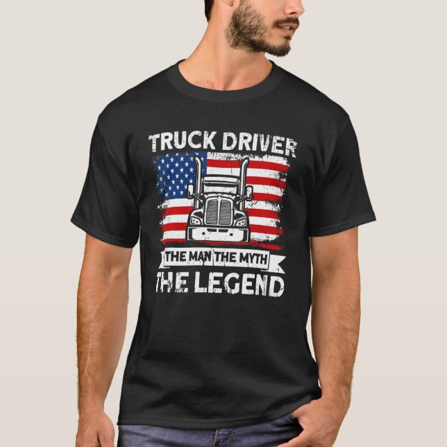 Camiseta Mens Trucker Truck Driver American Flag Man Myth L (Frente)