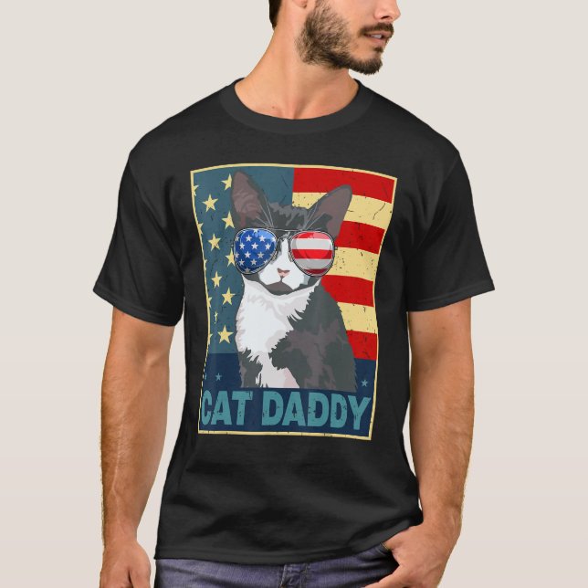 Camiseta Mens Tuxedo Cat Daddy Dad Father Day  American Fla (Frente)