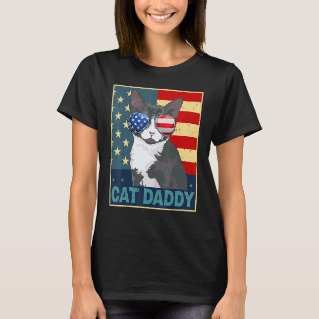 Camiseta Mens Tuxedo Cat Daddy Dad Father Day  American Fla (Frente)
