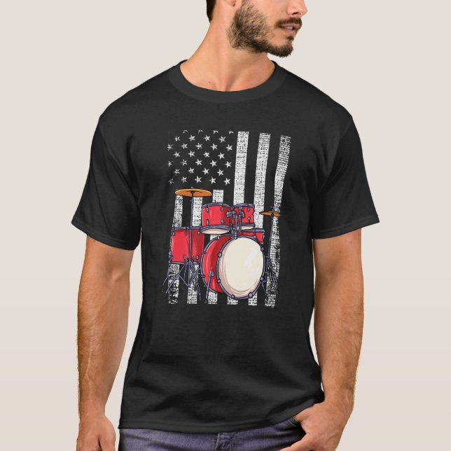 Camiseta Mens Usa Flag Drum Patriotic Drum Set Rock Drumm (Frente)
