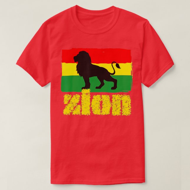 Camiseta Mens Zion Lion of Judah Red Green Yellow Rasta Col (Frente do Design)