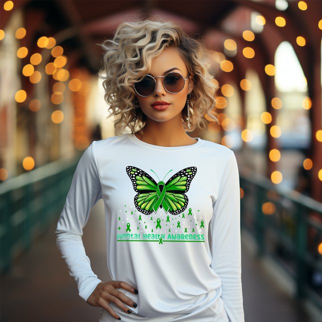Camiseta Mental Health Green Ribbon Butterfly (Criador carregado)