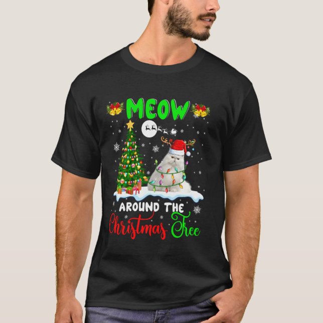 Camiseta Meow Around Christmas Tree Cute Santa Reindeer Cat (Frente)