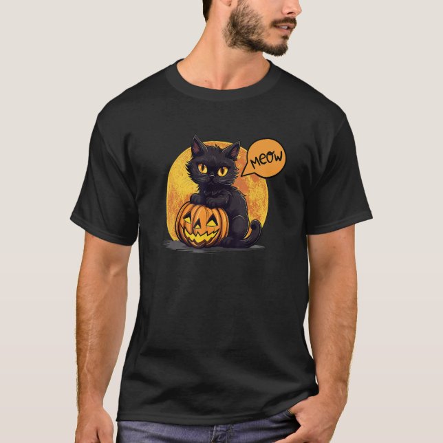 Camiseta Meow Black Cat da meia-noite com Jack o lanterna F (Frente)