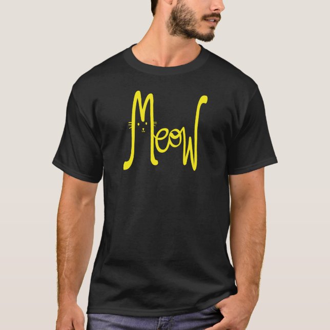 Camiseta Meow Mínimo Yellow Modern Script Cat Typo (Frente)