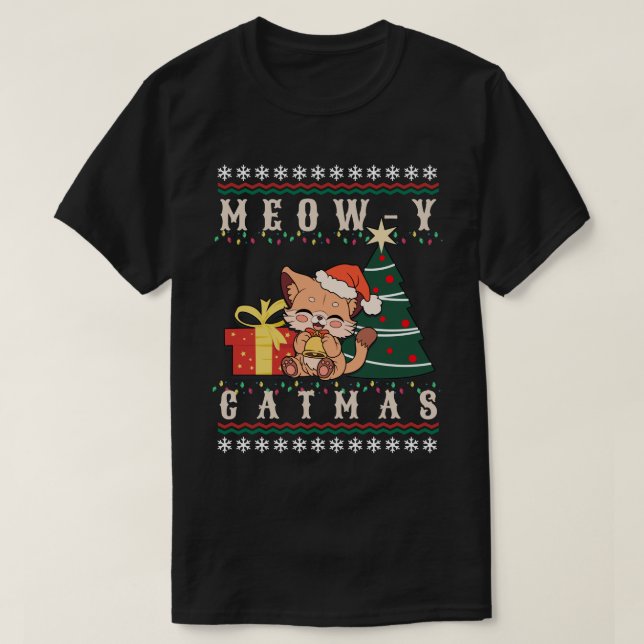 Camiseta Meow y Catmas Cat Árvore de Natal Xmas Meninas F (Frente do Design)