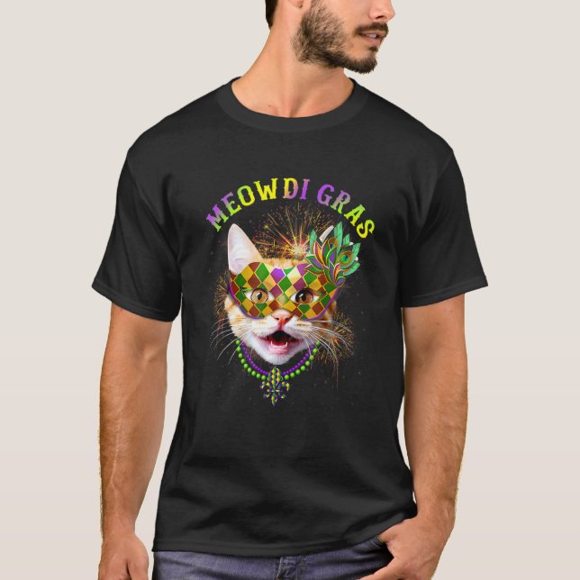 Camiseta Meowdi Gras Kitten Miçangas De Máscaras Mardi Gras (Frente)