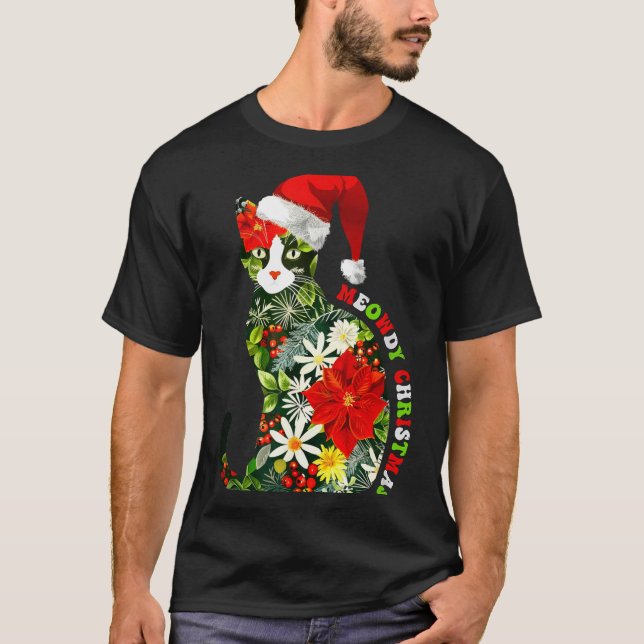 Camiseta Meowdy Christmas Floral Cat For Cat Lover Holiday  (Frente)