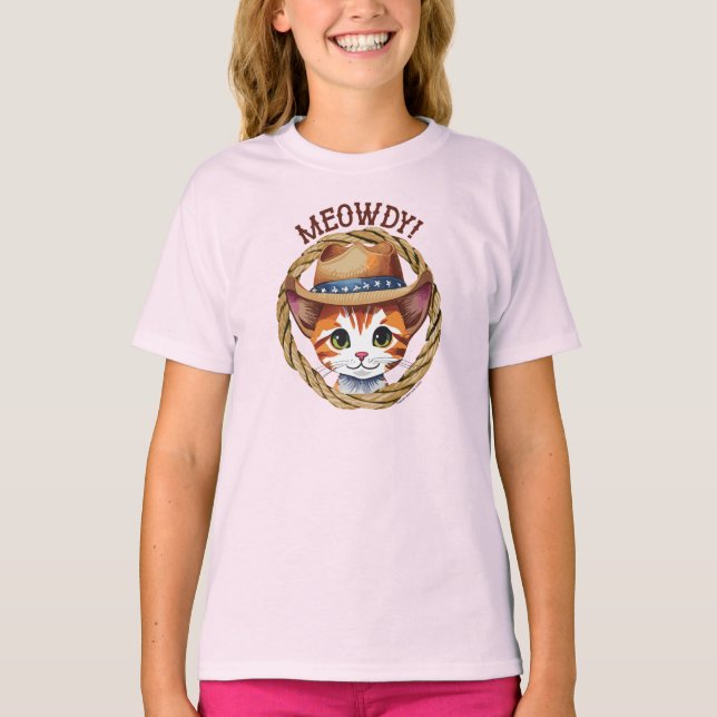 Camiseta Meowdy! Gatinho giro Vestindo chapéu de vaqueiro (Frente)