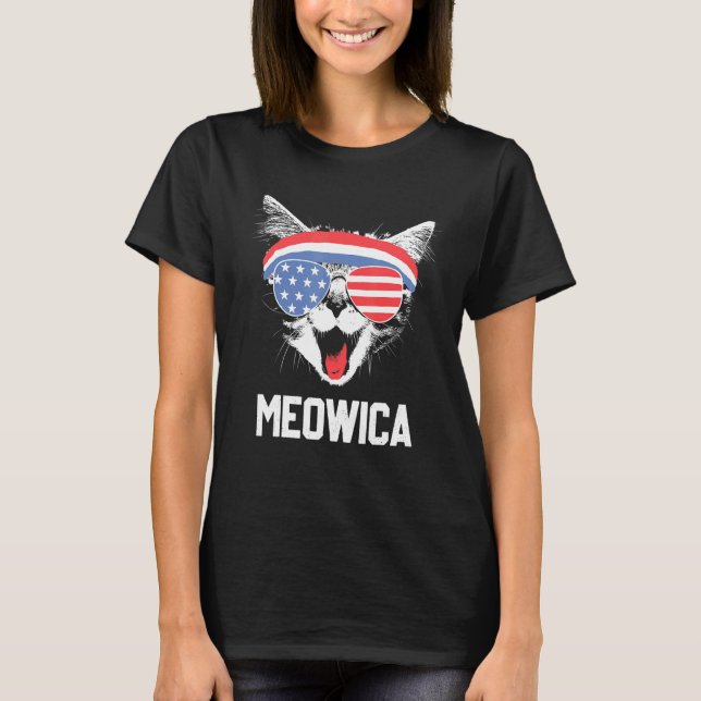 Camiseta Meowica 4 de julho Gatinho pawtriótica Merica Cat  (Frente)
