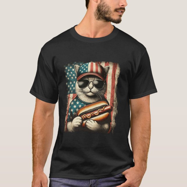 Camiseta Meowica 4 de julho Patriótica Cat American Flag 4 (Frente)