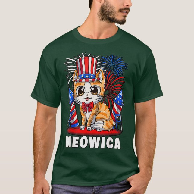 Camiseta Meowica 4 de julho Patriótico Gato Engraçado Ameri (Frente)