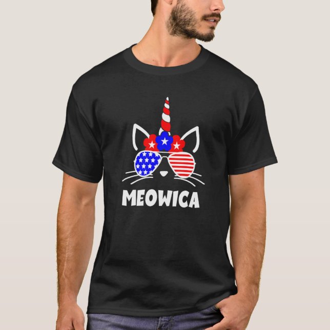 Camiseta Meowica 4 De Julho Unicórnio Gato-Nos Bandeira Ócu (Frente)