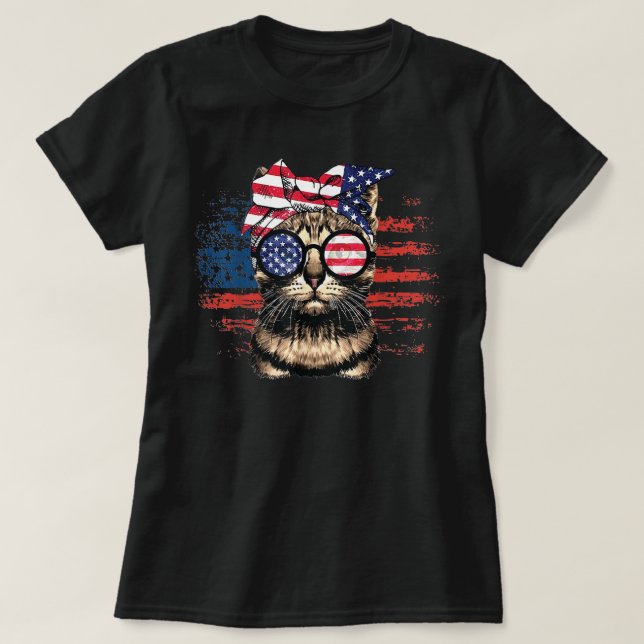 Camiseta Meowica American Flag Cat Bagão bagunçado com Sung (Frente do Design)