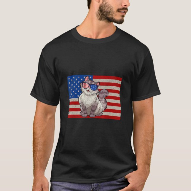 Camiseta Meowica American Flag Sunglasses Patriotic Cat 4th (Frente)