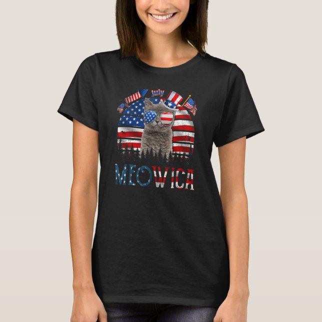 Camiseta Meowica Cat 4º De Julho Patriótico Eua Ameri (Frente)