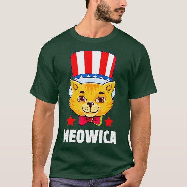 Camiseta Meowica Cat 4 de julho Gatinho Americano Patriótic (Frente)
