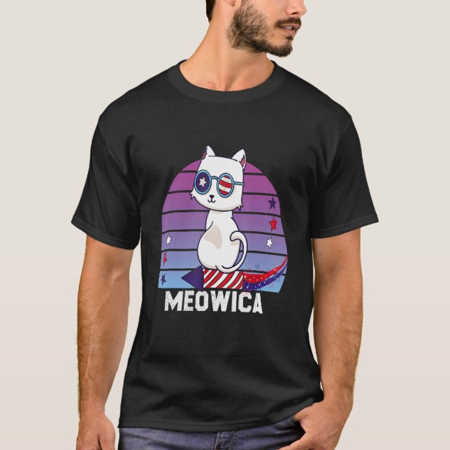 Camiseta Meowica Cat 4 De Julho Merica Usa Gata Americana (Frente)