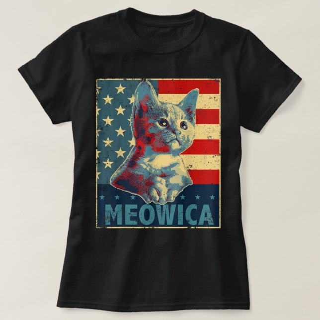 Camiseta Meowica Cat 4 de julho Patriótica American Flag Gi (Frente do Design)